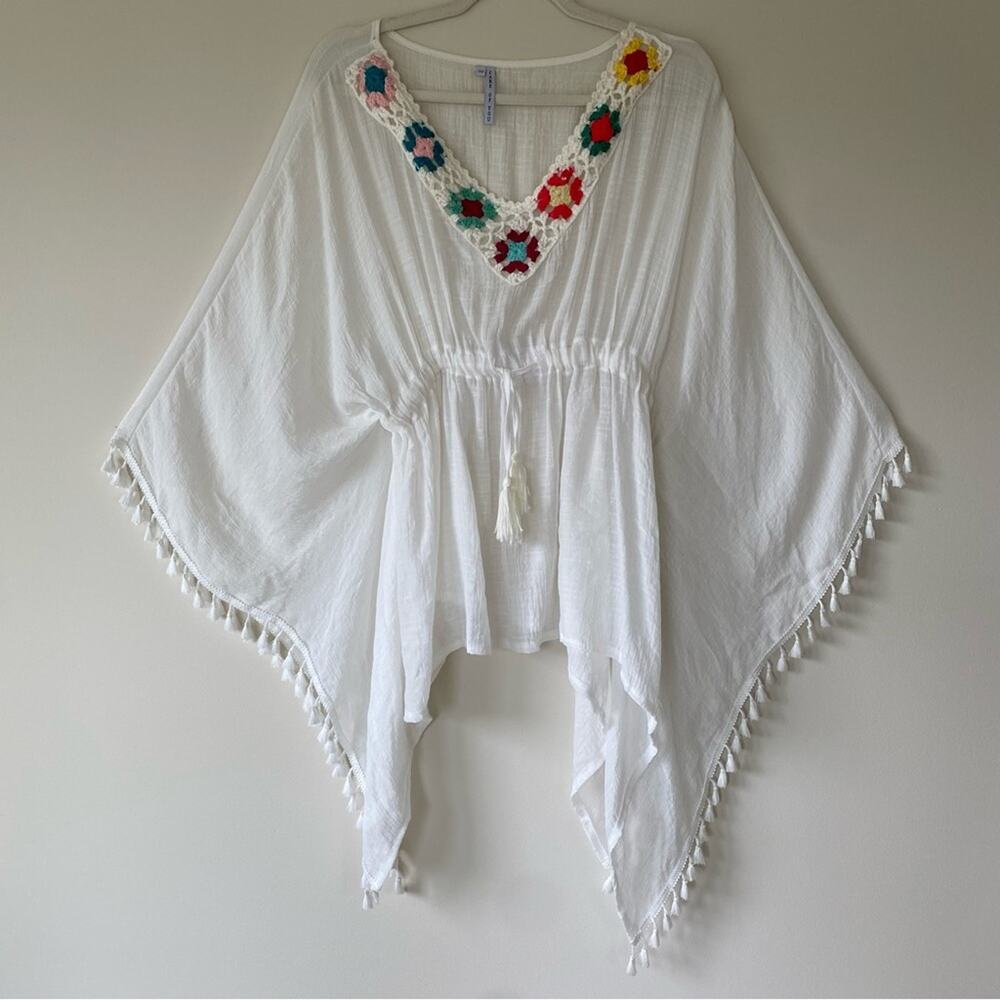 Care of You Crochet Neckline Caftan Coverup Drawstring Waist White Size OS